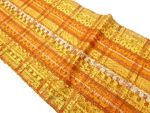 未使用品　手織り真綿紬縞に横段模様織出し名古屋帯